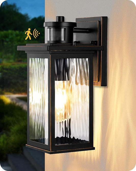 EDISHINE Motion Sensor Outdoor Wall Lights, Dusk to Dawn Exterior Lighting Fixtures, Front Porch Light with Clear Water Ripple Glass, Outdoor Wall Lantern for House, Garage, Black