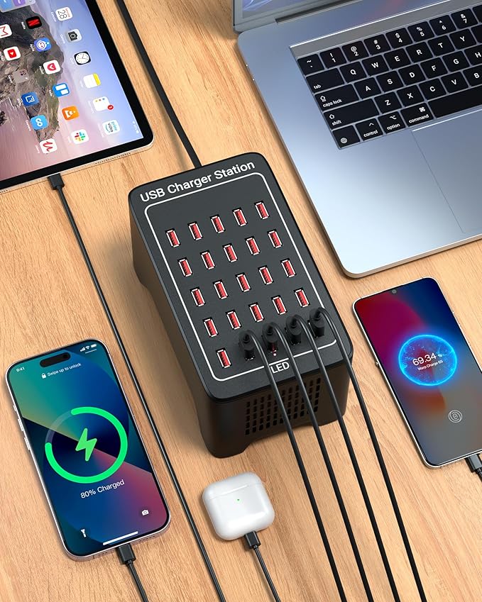 USB Charging Station, 25 Port 125W(25A), Travel Desktop USB Rapid Charger, Multi Ports Fast Charging Station Organizer Compatible with Smartphones, Tables, and More Devices
