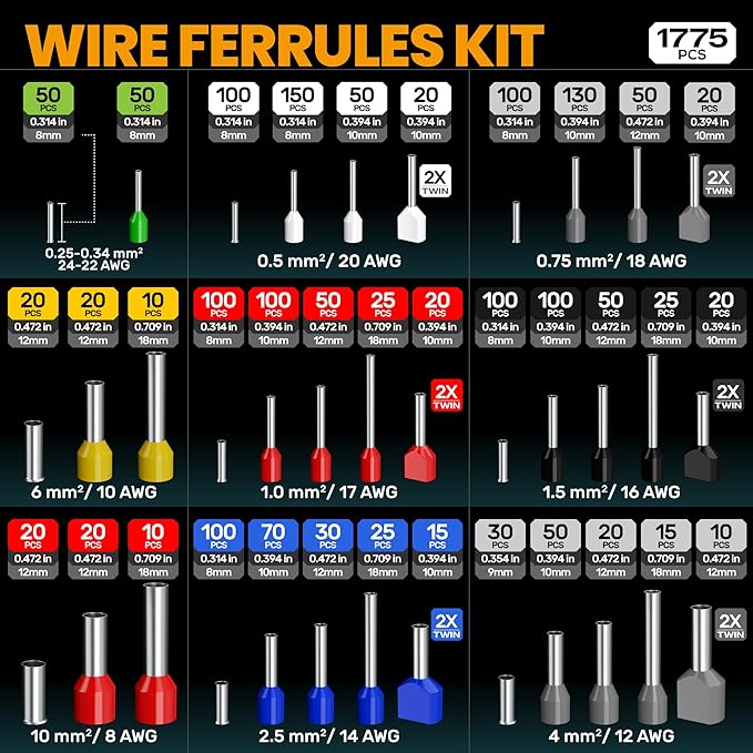 SOMELINE Ferrule Crimping Tool Kit, 36 Sizes Ferrules, AWG 24-8 Ferrule Crimper, with Square Crimping Pliers and Automatic Wire Stripper, Ferrule Terminal Assortment Kit (Stackable Tool Box)
