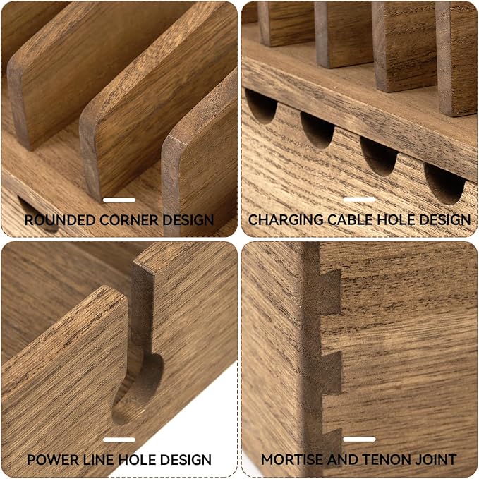 KIRIGEN Charging Station Organizer for Multiple Devices Desktop Organizer Wooden Cable Management with 7 Ports for Cell Phones, Tablets, Earphones GDXH-DBR