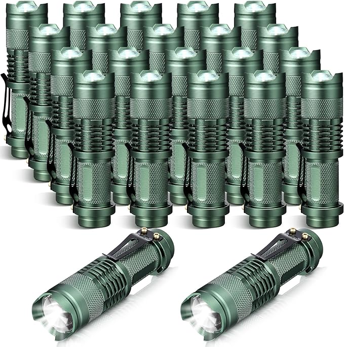 Fumete 20 Pieces LED Flashlight Mini 3 Mode Tactical Torch Small Water Resistant Pocket Flash Light Adjustable Focus Light Pen for Men, Father, Indoor Outdoor Hiking(Dark Green)