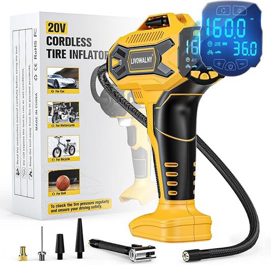 Tire Inflator Air Compressor Compatible with Dewalt 20V Max Battery, LIVOWALNY 160 PSI Cordless Portable Electric Air Pump 2025 Bigger LCD Digital Pressure Gauge for Car, Bike, Sport Ball (No Battery)