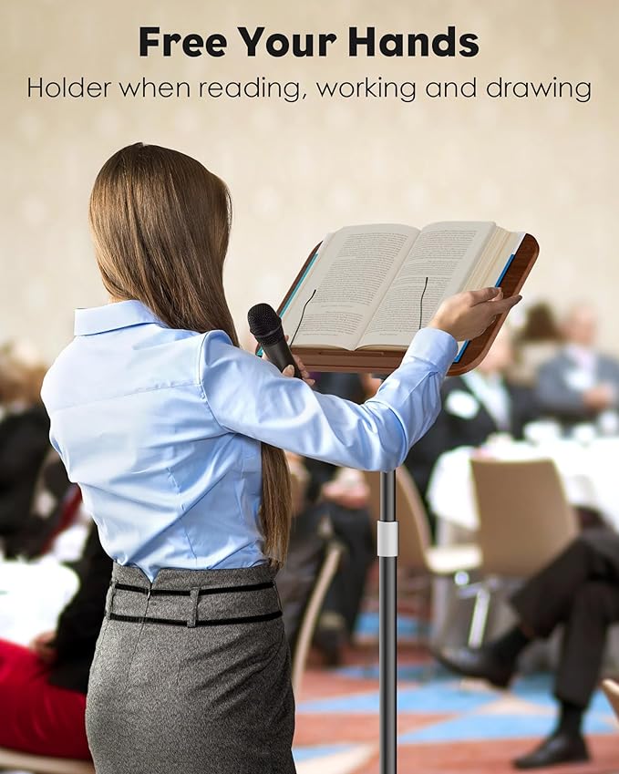 2 in 1 Dual-use Floor Book Stand & Desktop Book Stand,Height Adjustable from 33-63in, Adjustable Book Holder with Elastic Page Clips for Music Scores, Recipe, Tablet, Laptop