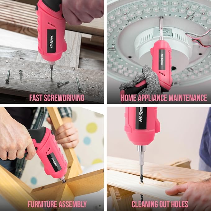 Hi-Spec 42pc Pink 4V USB Electric Power Driver & Household Tool Kit. Cordless Power Screwdriver and Hand Tools in a Compact Box Case