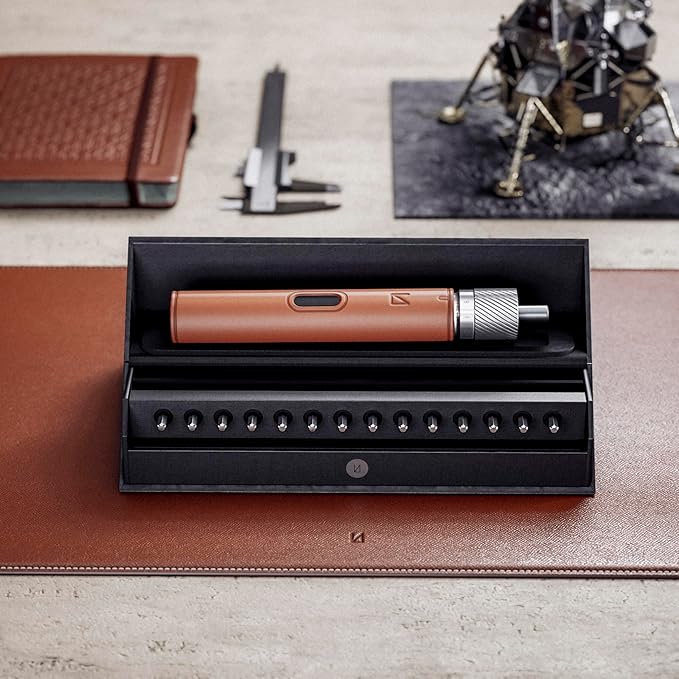 Lunar Artefacts Precision Electric Cordless Rechargeable Brown Leather and CNC Aluminum Screwdriver with 24 Magnetics Bits and Easy Storage Toolbox