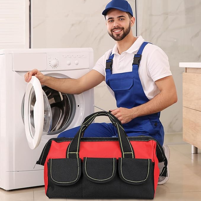 Silkfly 6 Pcs Tool Bag for Men Women Heavy Duty Tool Tote with Waterproof Hard Bottom Multi Pockets Large Mouth Organizer for Various Worker Electrician Carpenter Mechanic (16 Inch,Blue Green Red)