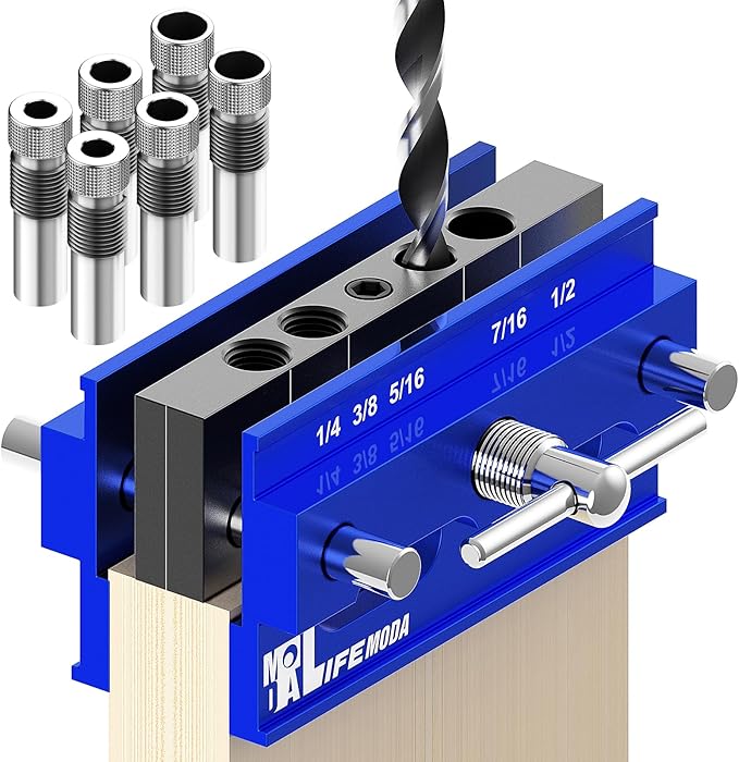 Self Centering Doweling Jig Kit, Drill Jig For Straight Holes Biscuit Joiner Set With 6 Drill Guide Bushings, Adjustable Width Drilling Guide Tool Accessory Jigs (Blue)