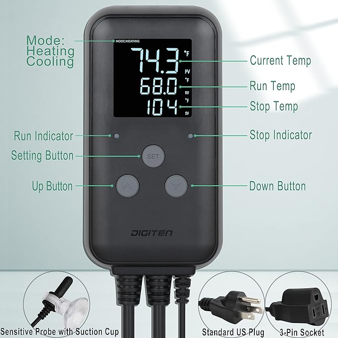 Greenhouse Temperature Controller Digital Waterproof Thermostat for Home Brewing, Fermentation, Breeding, Incubation, Terrarium, Heating & Cooling, 110V 10A 1100W