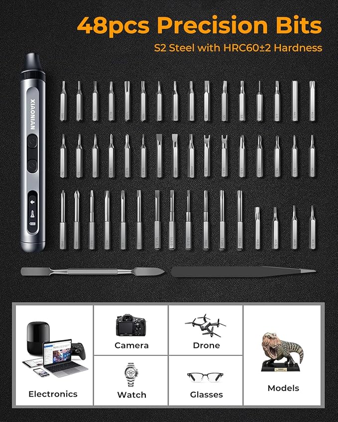 52 in 1 Electric Screwdriver Set,XIAONIAN 3.7V Mini Precision Screwdriver Set with 48 S2 Magnetic Bits,USB-C Charging Cable,LED Light,Small Repair Tool Kit for Phone,Watch,Eyeglasses,PC,Camera,Laptop