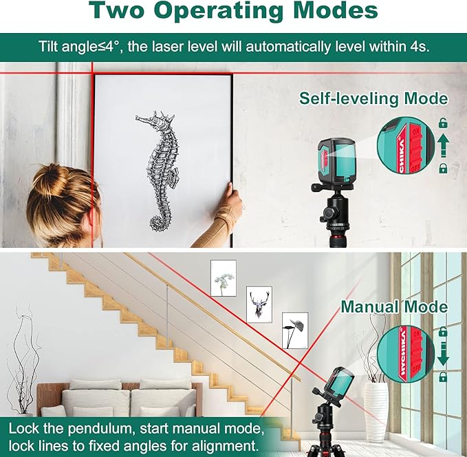 Laser Level, HYCHIKA 50 Feet Cross Line Laser with Dual Modules, Self Leveling Laser Level, Switchable Self-Leveling Vertical and Horizontal Line Construction Picture Hanging, Battery Included