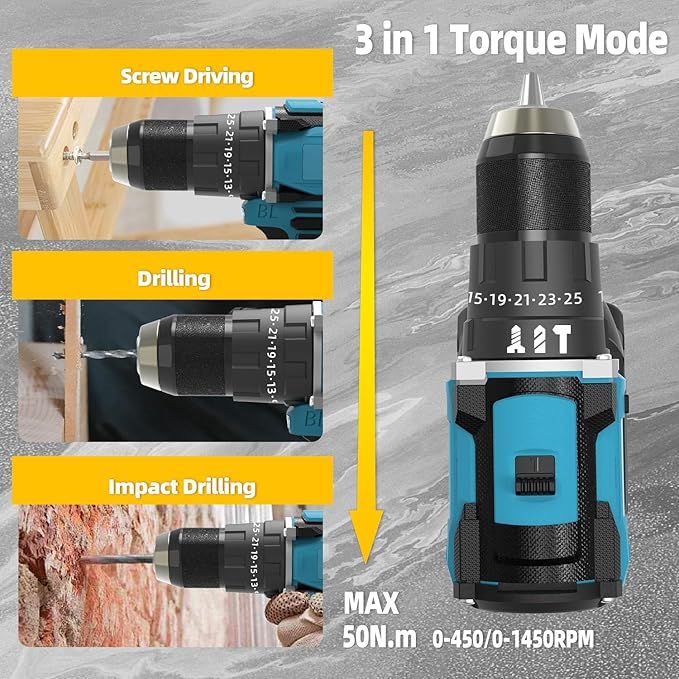 21V Cordless Power Drill/Driver Set, 80Nm Max Torque with 2 Batteries & Charger, 1/2 Inch Keyless Chuck, 3 Modes & 25 Position Torque Adjustment, 29Pcs Accessories for Home Use