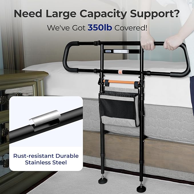 C5 Pro Bed Rails for Elderly Adults Safety - Foldable Bed Assist Rail with Adjustable Height, Bed Cane with Non-Slip Wider Handrail, Motion Sensor Light Fits King Queen Twin Beds, Supports 350 LBS
