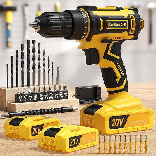 Cordless Drill, 20V Power Drill, Double 2000mAh Power Pack Electric Drills, Cordless Drills with Power Pack and Charger, 3/8" Keyless Chuck Screwdriver with 25+1 Max 370 In-lb Torque, 42Pcs Bits