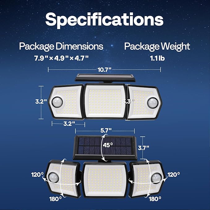 VIVOHOME Linkable Solar Lights Outdoor, Dual Roating Motion Sensor Flood Lights Solar Powered Security Light with 3 Heads, 2500LM, IP65 Waterproof for Outside, Yard, Garage, Wall, Patio