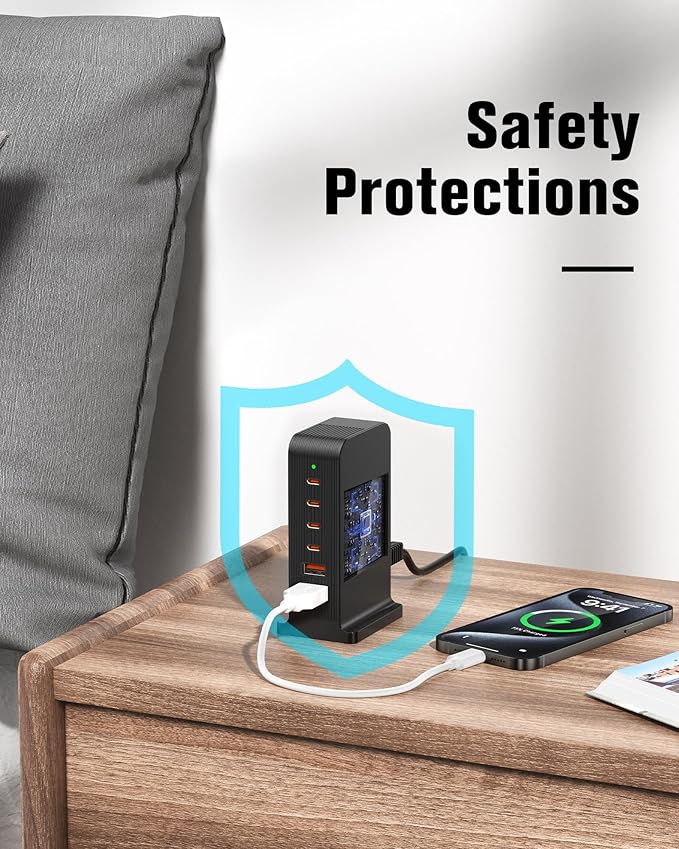 USB C Charger 55W,Multiport USB Charging Station 20W PD,6 Port USB Hub Charger Tower for iPhone 15/14/13/12, iPad, Samsung Galaxy, Google Pixel,HTC, and Multiple Devices (Black)