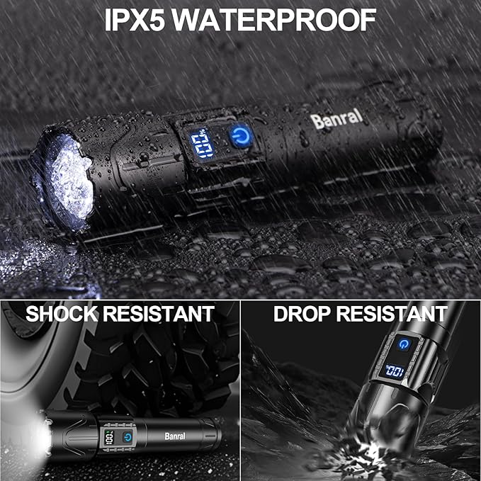 Rechargeable Tactical Flashlights High Lumens - Super Bright LED Powerful Flash Light, Waterproof Handheld USB C Flashlight for Camping,Emergencies,Home,5 Modes,Zoomable (1, Black)