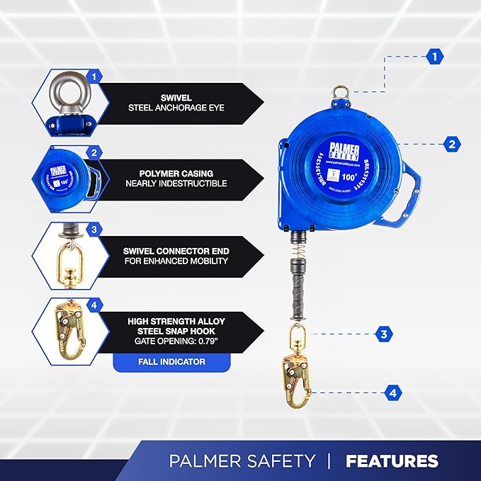 Palmer Safety SRD 100 FT. Self Retracting Lifeline I SRL Device Swivel Top Galvanized Cable With Small Steel Snap Hook I OSHA ANSI Industrial Roofing Tool Personal Fall Arrest Protection Safety Yoyo