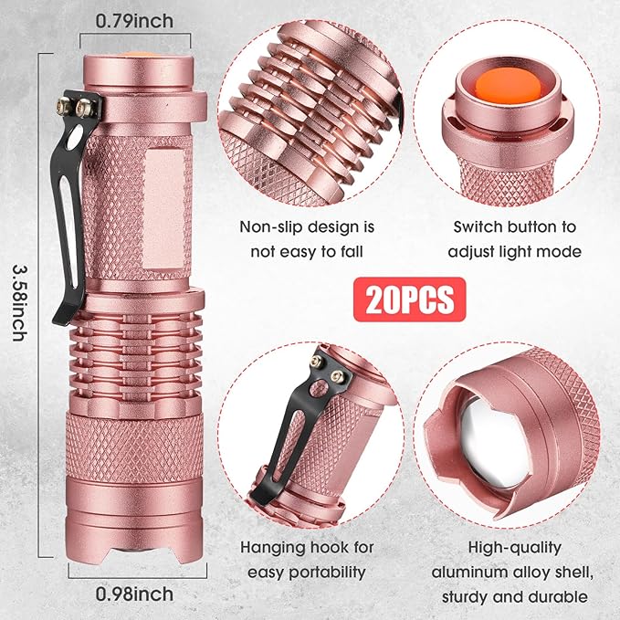 Fumete 20 Pieces LED Flashlight Mini 3 Mode Tactical Torch Small Water Resistant Pocket Flash Light Adjustable Focus Light Pen for Men, Father, Indoor Outdoor Hiking(Pink)