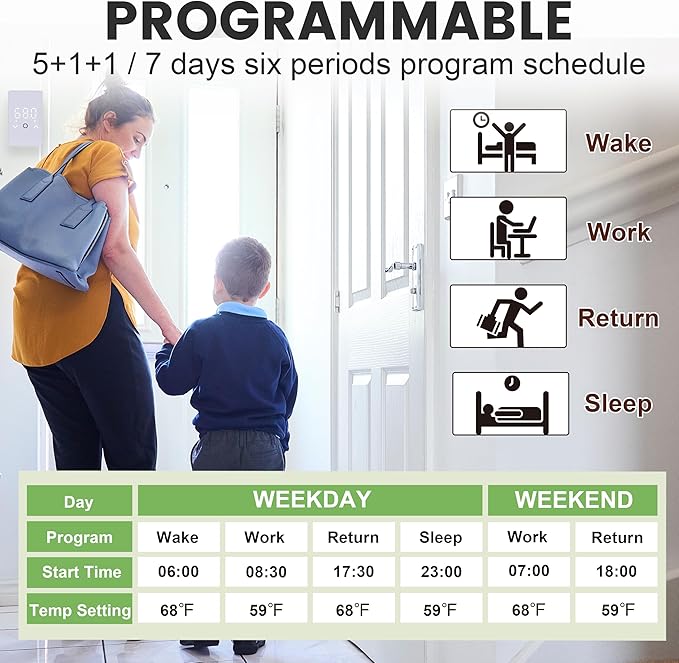MAXKOSKO 4Pcs WiFi Smart Thermostat for Electric Floor Warming System with Touchscreen LED Display 120V/240V, Easy Connection & Energy Saving Home Programmable White Thermostat