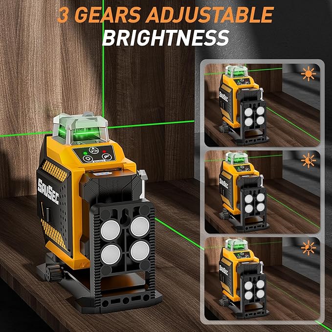 Laser Level 360 self leveling, SAVSEC 3 x 360° Brightness Adjustable Lazer Leveler Tool, 3D Rechargeable Green Cross Line Laser for Construction and Picture Hanging - Magnetic Fine-adjust Wall Bracket