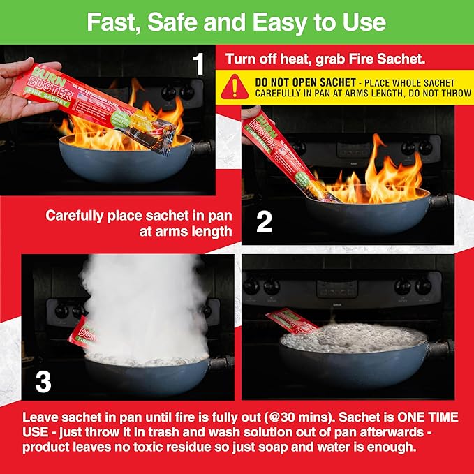 2-Pack BurnBuster Battery Fire Sachet for Oil & Grease Fires for Home and Outdoor Use - Fire Suppressant for Kitchens, Stove-Top and Oven Suitable - Non-Toxic 7 oz. Sachet, Made in USA