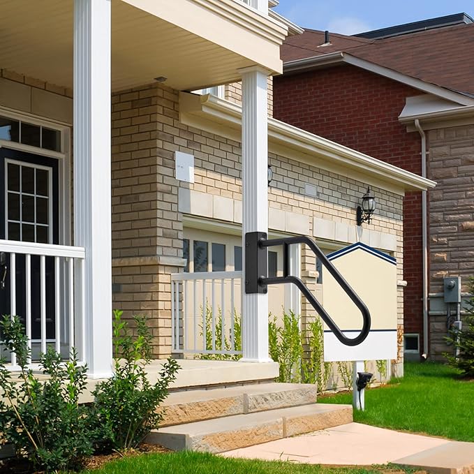 SELEWARE Heavy Duty 28" Handrails for Outdoor 1-3 Step, Non-Slip Door Jamb Corner Wall Mount Stair Hand Railing Grab Bars, U-Shape Safety Handle for Garage, Porch, Garden (Right Handed, Dia 1.3" Pipe)
