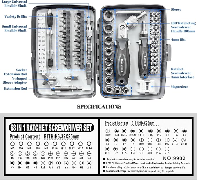 Precision Ratcheting Screwdriver Set, 68 in 1 Socket Set & Magnetic Screwdriver Bit Set with Rotatable Ratchet Handles and Extensions Bar for Phone/Computer/Bike/Car/Electronics Maintenance (Gray)