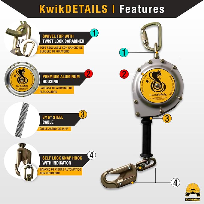 KwikSafety - Charlotte, NC - Cobra 30' Bundle [Cable Self Retracting Lifeline + 3FT Cross Arm Strap + Roof Anchor + 3 D-Ring Safety Harness] ANSI OSHA Class 1 Retractable SRL Fall Arrest PPE