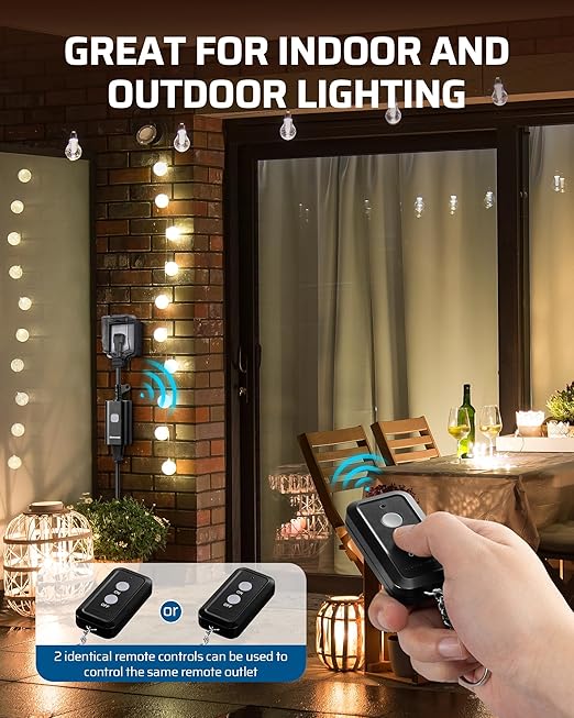 DEWENWILS Outdoor Remote Control Outlet, 15A Wireless Remote Control Switch, 100FT Control Range&14AWG SJTW Power Cord, for Lights Outdoor Appliances, 2 Remote Controls+1 Outlet, FCC Listed