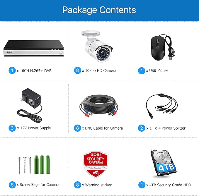 ZOSI H.265+ 1080p 16 Channel Security Camera System with AI Human Vehicle Detect, Hybrid 4in1 DVR, 8 x 1080p CCTV Bullet Cameras Outdoor, 120ft Night Vision and 105°Wide Angle, Remote Access, 4TB HDD