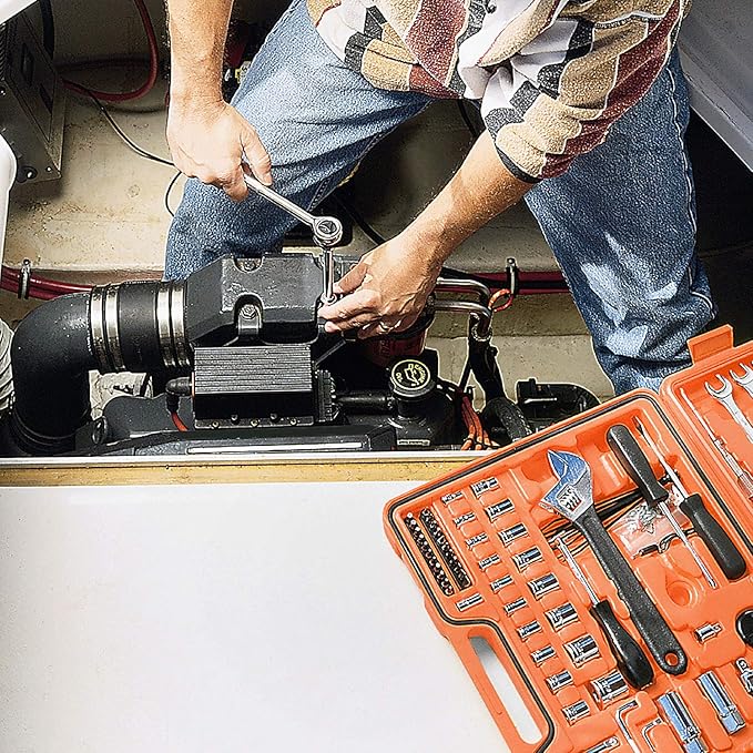 GreatNeck MS125 125 Piece Marine Tool Set, Complete With High Visibility, Water-Resistant Boat Tool Box Case, Anti-Rust Chrome-Plated Boat Supplies And Accessories, Orange