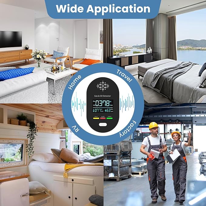 Carbon Monoxide Detectors,Plug in CO and Natural Gas Detector, Combination Gas & Carbon Monoxide Detectors for Travel with Temperature Humidity Display, 4 in 1 CO & Gas Detector for Home/Travel-Black