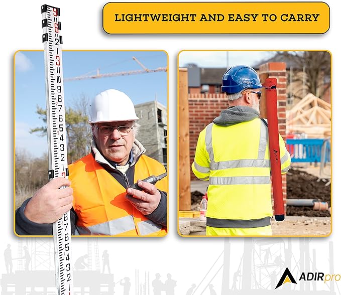 AdirPro 9-Foot Aluminum Grade Rod – 8ths, Dual Sided 5-Section Telescopic Leveling Rod – Bubble Level and Soft Carrying Case Included