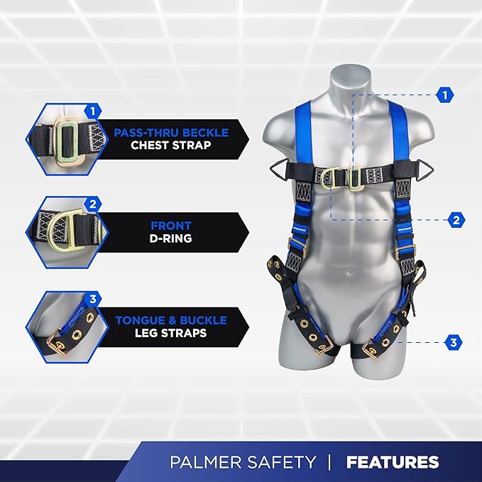 Palmer Safety Full Body Harness 5pt Adjustment, Front & Back D-Ring, Grommet Legs, and Fall Indicators