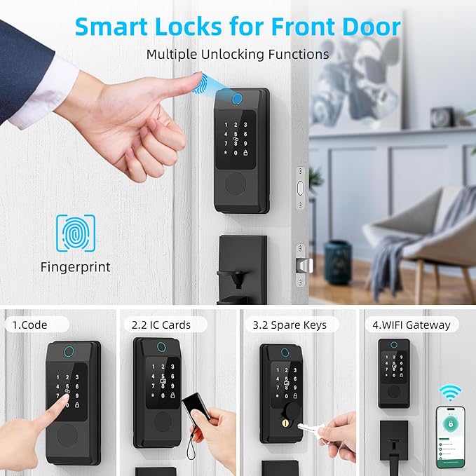Wi-Fi Smart Deadbolt Lock with Handle Sets, Keyless Entry Door Lock for Front Door, Compatible with Alexa & Google Assistant, Auto Locking-Black