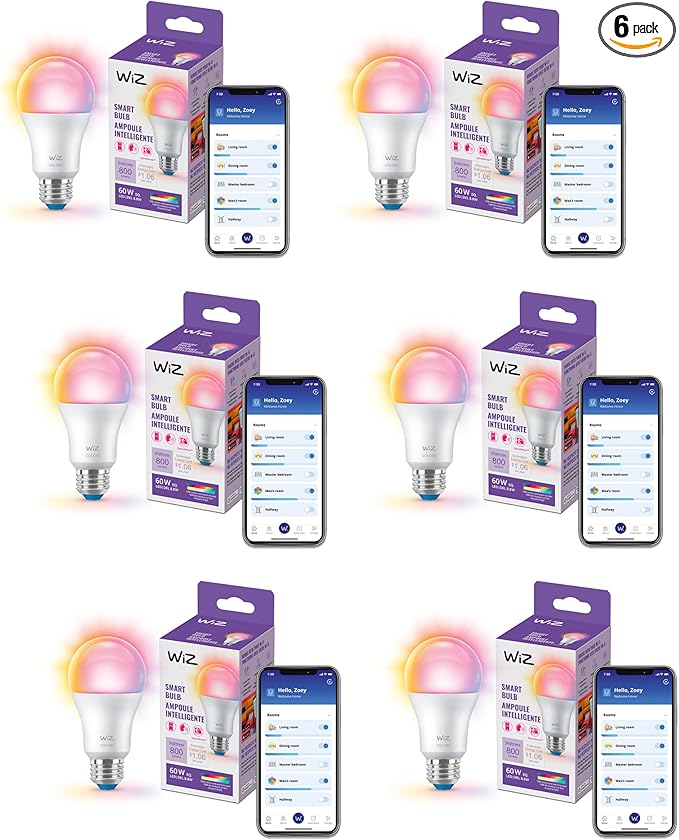 WiZ LED Smart Light Bulbs, Sunset to Sunrise Automation + Motion Detection + Control with Voice or App, Full Color A19 60W 800LM E26 Indoor, Matter Compatible - 6 Pack