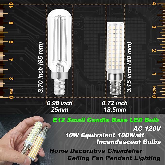 Dimmable E12 C7 LED Candelabra Light Bulb 10W Equivalent 100W 6000K Daylight White 1000 Lumen E12 T6 LED Candle Bulbs for Home Decorative Ceiling Fan Chandelier Pendant Lighting Salt Lamp,3Pack