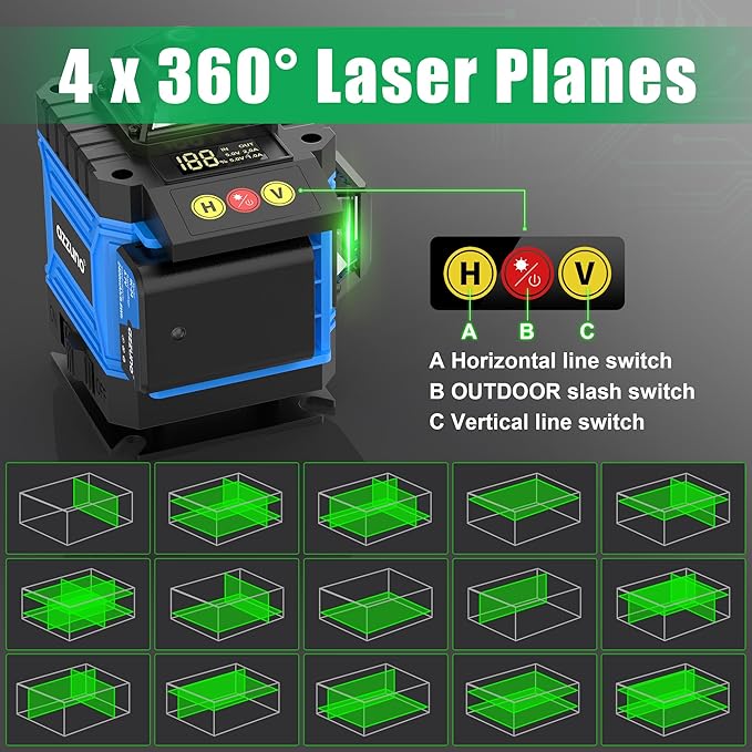AZZUNO Laser Level 360 Self Leveling Green Beam with LCD Screen, 4x360 lazer leveler tool, Rechargeable Battery & Magnetic Base - Ideal for Construction, Tiling, Tool Gift