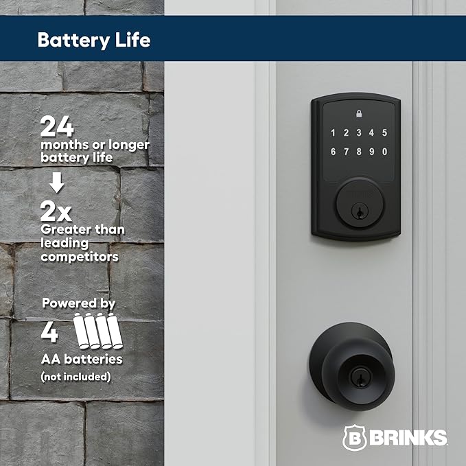 Brinks Keyless Entry Electronic Touchpad Door Lock -Backlit Keypad Deadbolt with Advanced Security, Custom User Codes, Auto-Lock, for Front Door, Home or Office, Matte Black