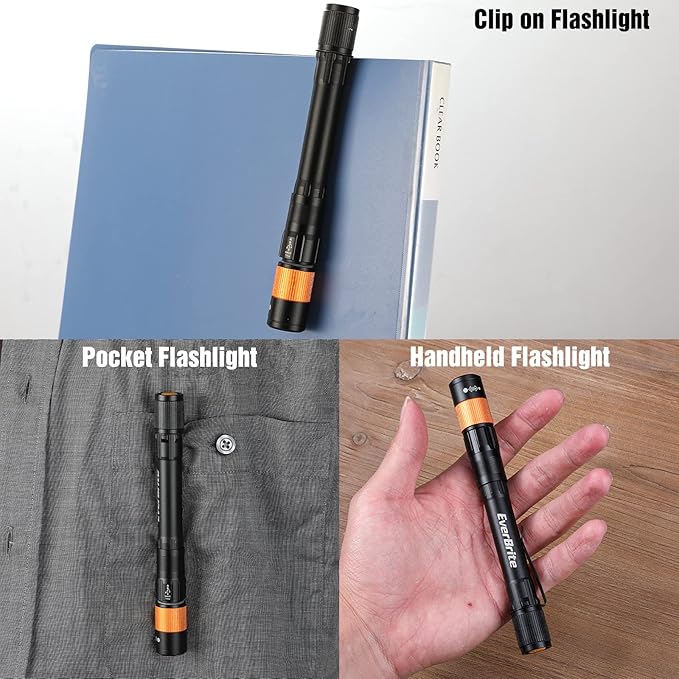EverBrite Rechargeable Pen Light, 300 Lumens EDC Flashlight, Zoomable LED Pocket Flashlight with Clip, Memory Function and USB C Cable Included, for Camping, Emergency, Black