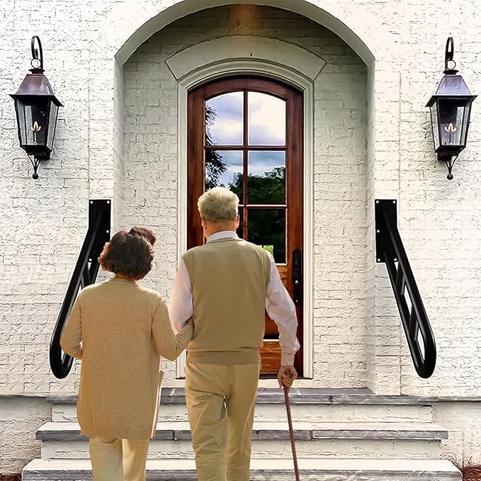 Wall Mounted Railings with White Matte Finish for 1-3 Steps,Stair Railing Safety Grab Bar with 2 Anti-Skid Crossbar for Garage, Porch, Garden, Yard (White Bent 1 Pack)