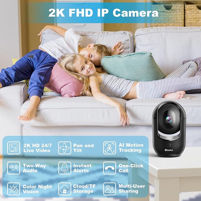 2K Pan/Tilt Security Camera, WiFi Indoor Cameras for Home Security with AI Motion Detection, Baby/Pet Camera with Phone App, 2-Way Audio, 24/7, Siren, TF/Cloud Storage, Black