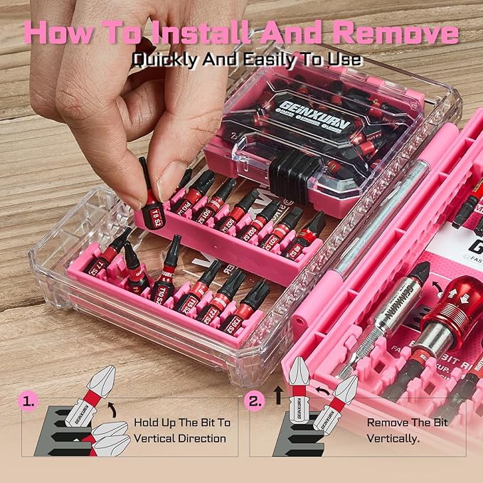 56Pieces Impact Screwdriver Bits Set, Magnetic S2 Steel Phillips/Slotted/Square/Torx Insert Power Bits Tips, Impact Bit Holder with Pink Storage Box Case