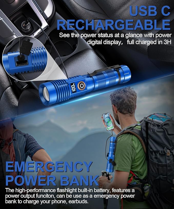Rechargeable Flashlight High Lumens- Super Bright Magnetic Flash Light with Power Digital Display, Long Range,Dimmable,Waterproof,Pocket Tactical LED Flashlights for Emergency, Blue, 1PC