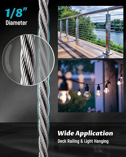 Lichamp 650FT 1/8" Stainless Steel Wire Rope Cable, Aircraft 316 SS Braided Steel Wire Thin Metal Cable Hardware for Deck Railing Handrail Safety System, SSC650