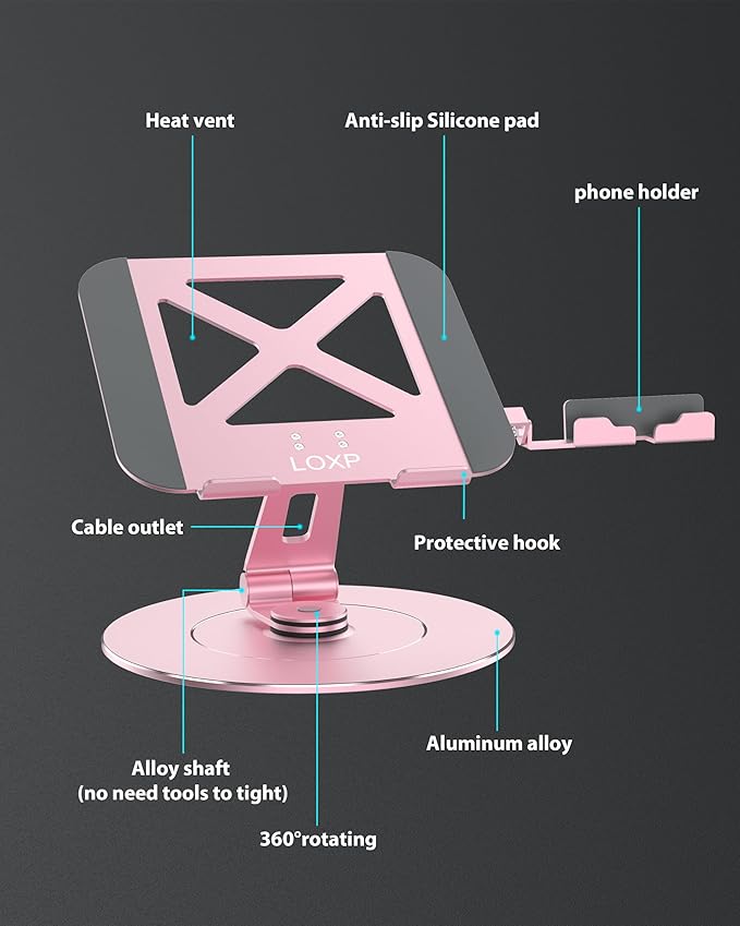 Ultra-Stable Aluminumy Swivel Laptop Stand for Desk with Rotating Foldable Phone Holder, 300% Larger Base, Stylish Computer Stand for Women, Men Office, Fits 10-17.3" Laptops, Pink