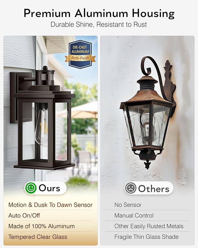VIANIS Exterior Lights for House with Motion Sensor, Brown Dusk to Dawn Outside Lights for House, Oil Rubbed Bronze Exterior Lighting Fixtures for Garden, Garage, Doorway,Aluminum,Hardwired, Non-solar