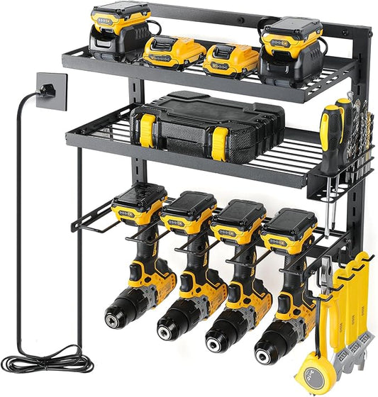 COFIT Power Tool Organizer with Adjustable Height 3-Tier Iron Tool Rack and Wall Mount Charging Station for Drill and Garage Workshop