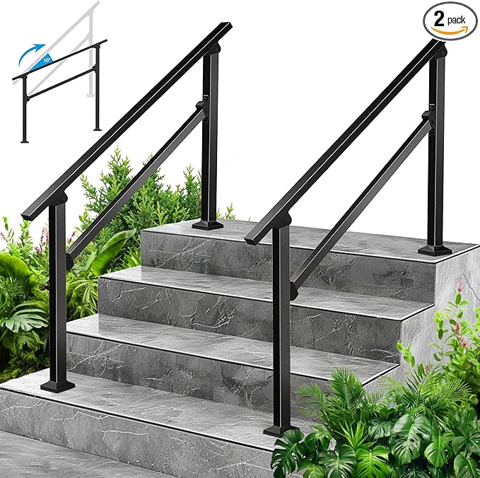 2-Pack Outdoor Handrails for 4 Steps – Black Stair Handrail & Indoor Stair Railing Kit, Exterior Stair Railing for Porch, Deck, and Garden, Complete Installation Kit