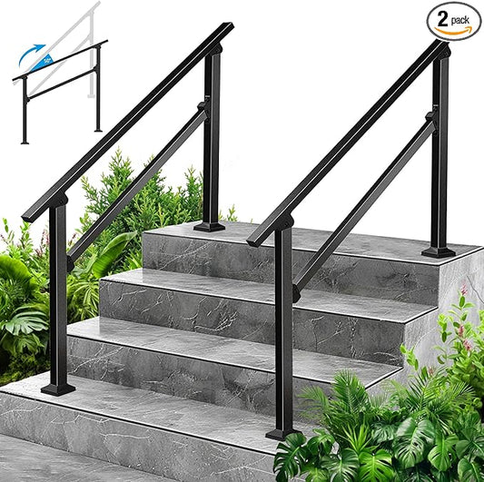 2-Pack Outdoor Handrails for 4 Steps – Black Stair Handrail & Indoor Stair Railing Kit, Exterior Stair Railing for Porch, Deck, and Garden, Complete Installation Kit